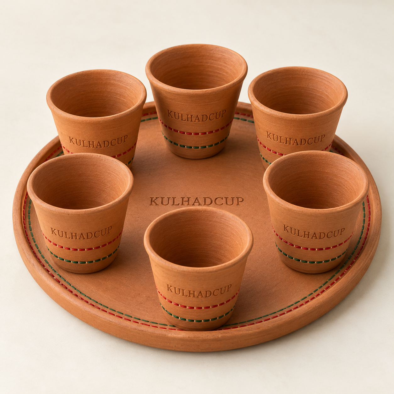 Kulhad set with tray, six red green terracotta kulhads on a round clay tray