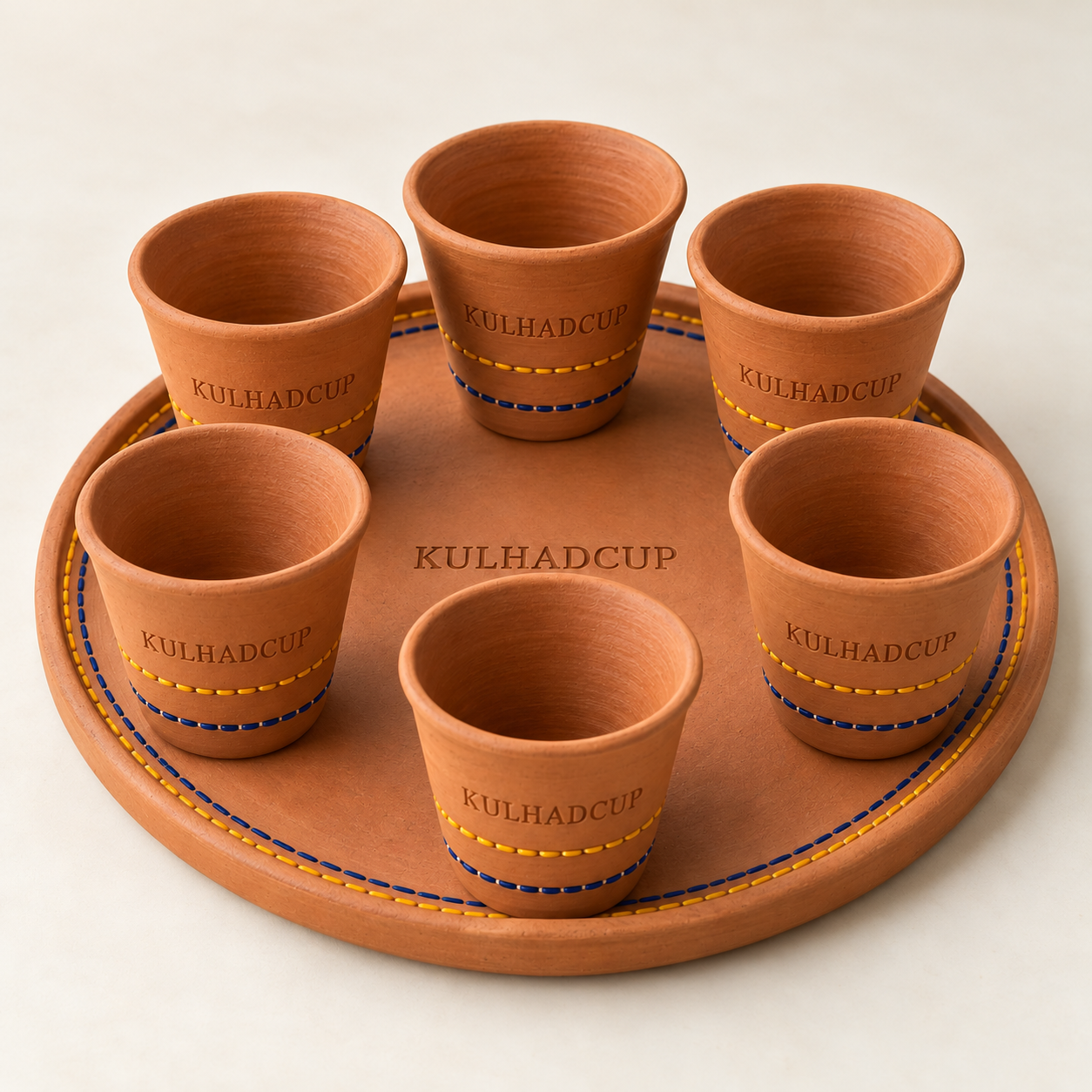 Mustard indigo kulhad tray set, six terracotta kulhads on a round clay tray