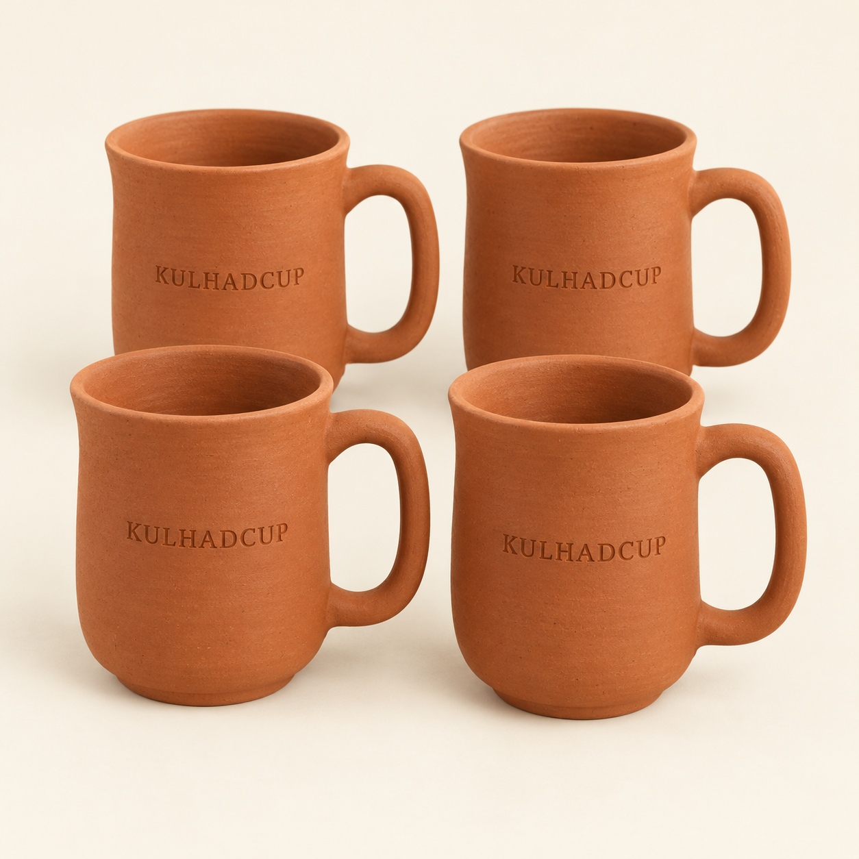 Kulhad mug with handle, set of 4 plain engraved terracotta mugs