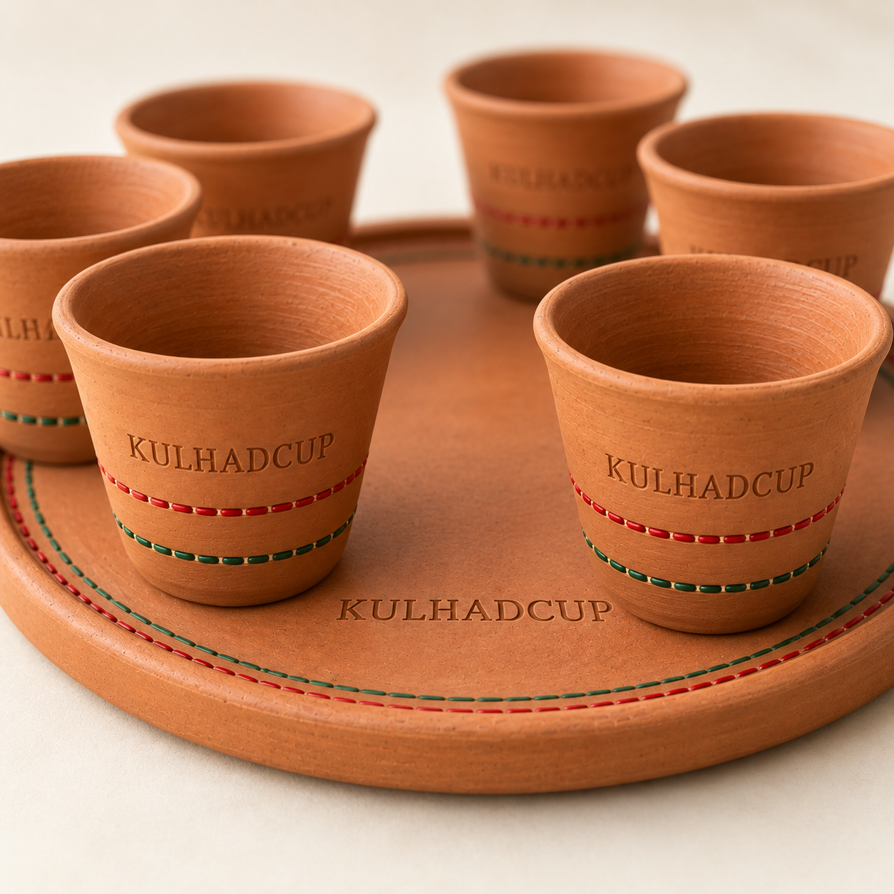 Close-up of engraved KulhadCup kulhads on a terracotta tray