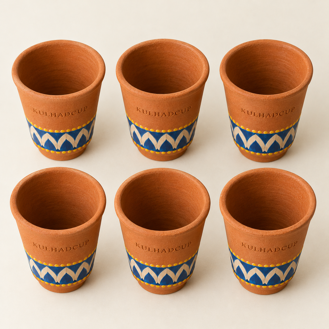 TTop view of designer kulhad gift set, six indigo lotus kulhads