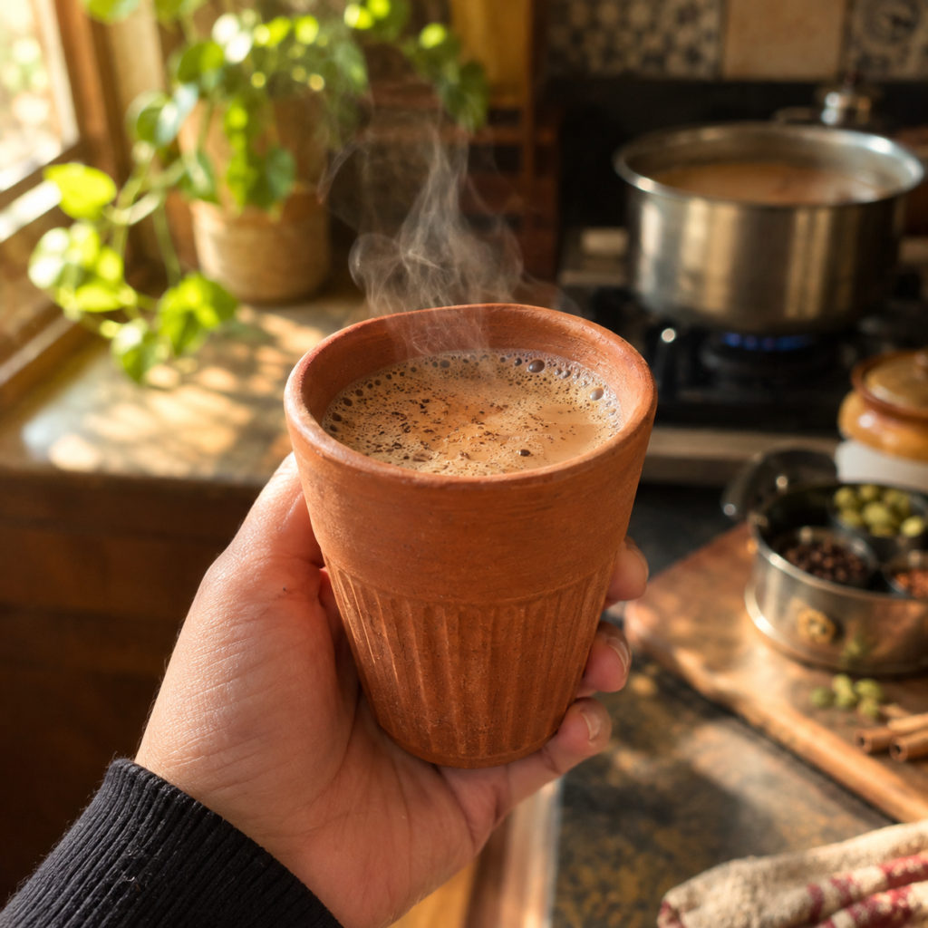 Hand holding masala chai in a terracotta kulhad